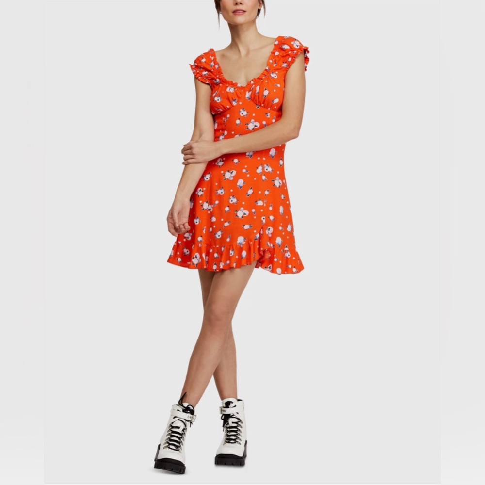 Free People Orange Floral Ruffle Mini Dress size XS